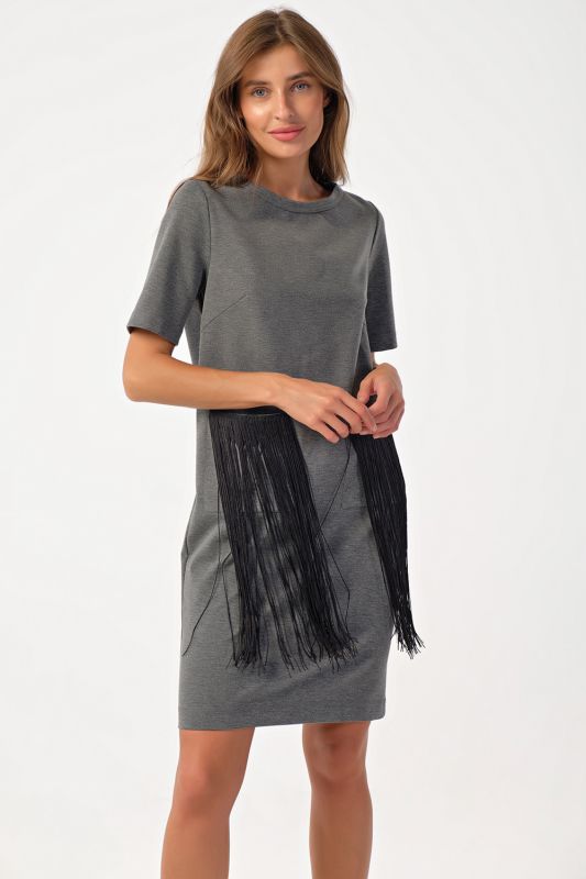 Short knitted dress with fringe gray melange