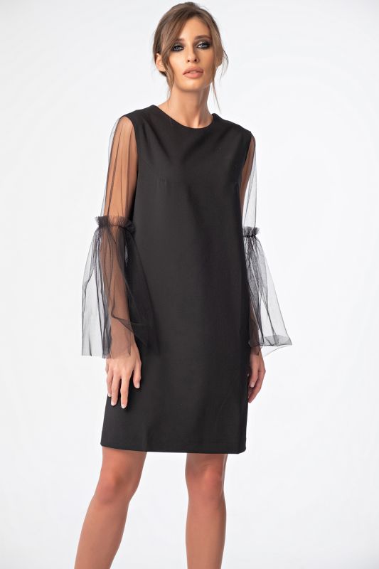 Black mini evening dress with transparent sleeves