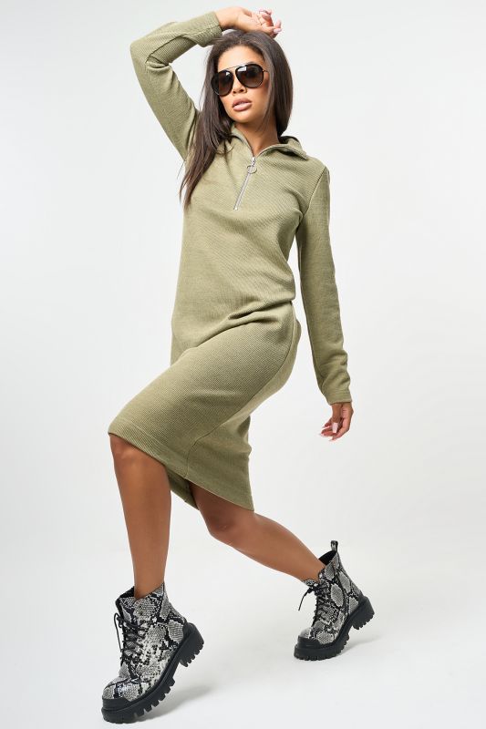 Long sleeve knitted straight midi dress in olive color