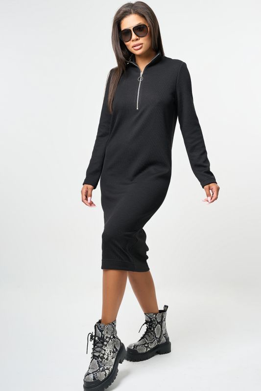 Black knitted straight midi dress with long sleeves