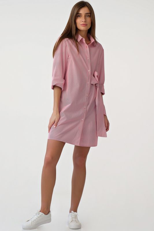 Short cotton striped shirt-dress on red