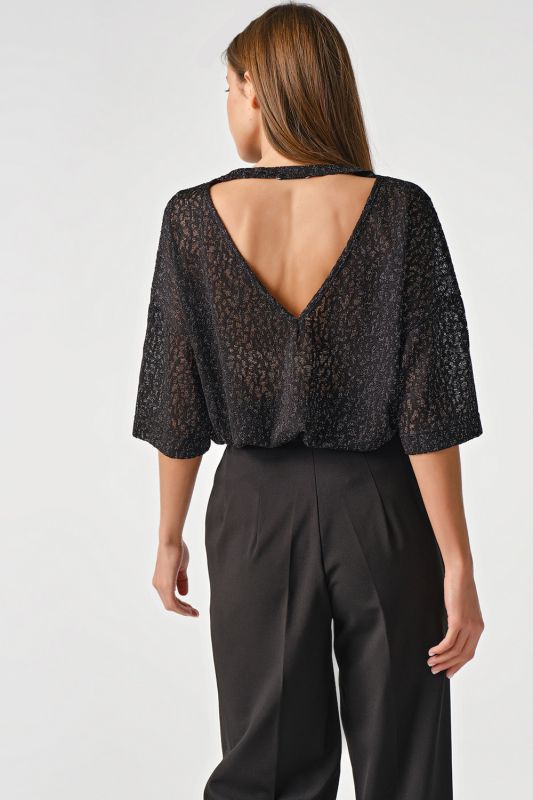 Black openwork knitted tunic with lurex