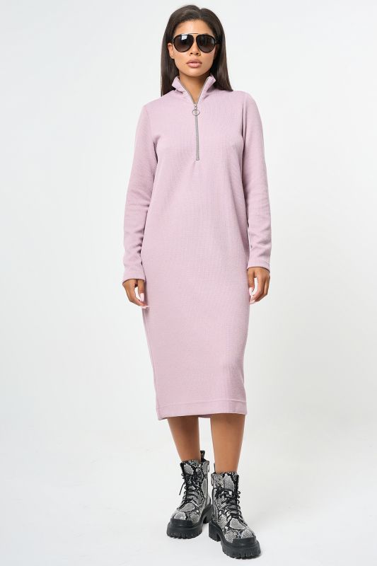 Dusty pink knitted straight midi long sleeve dress