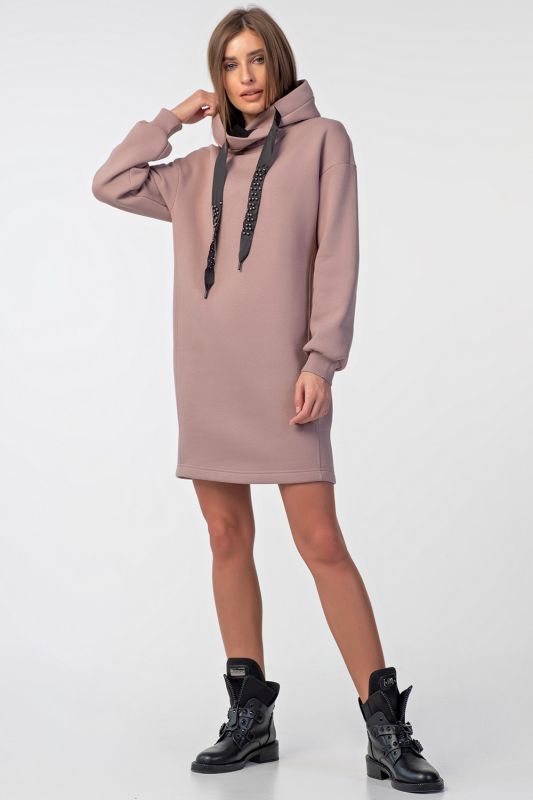 Warm hooded hoodie dress made of futher with fleece, powder color