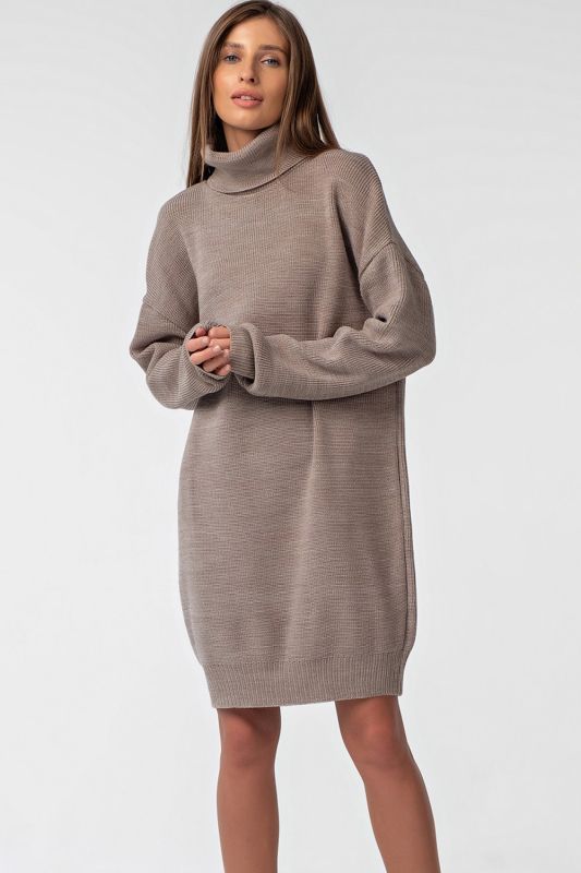 Warm knitted dress with high neck walnut