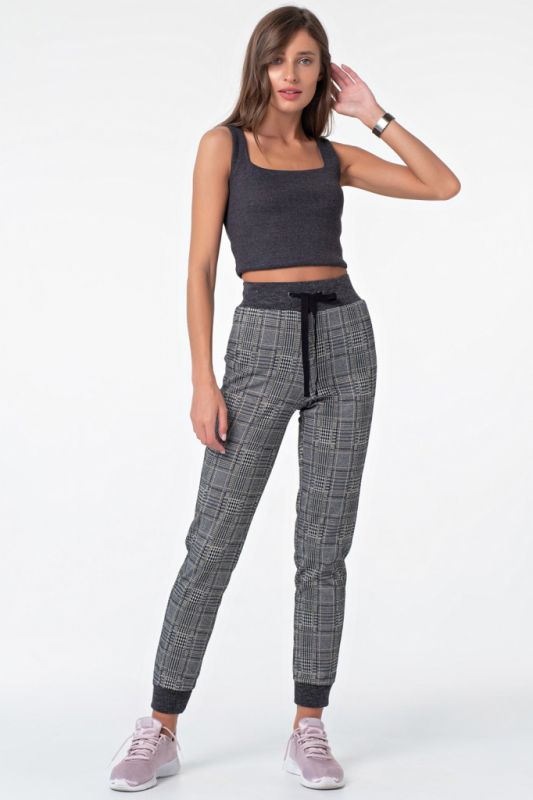 Black-gray sports joggers with checkered stripes