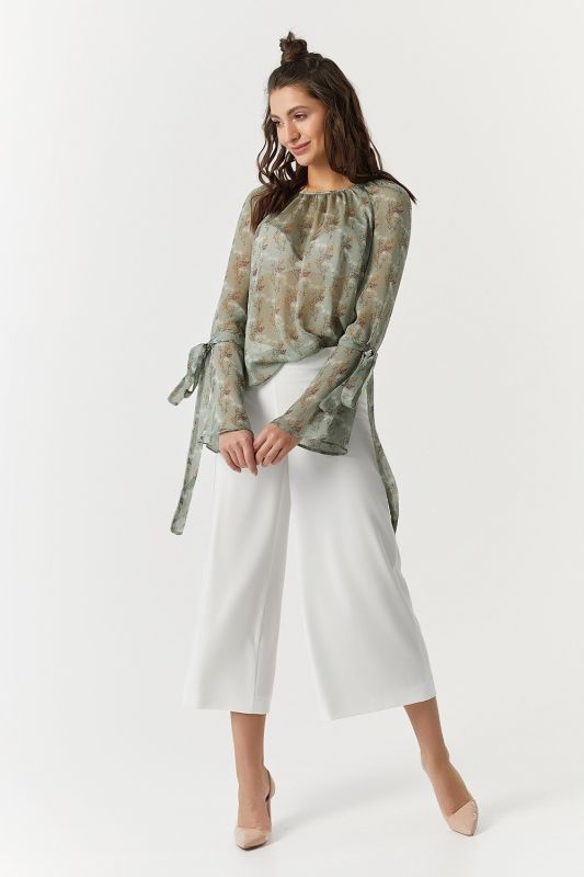 Transparent chiffon blouse with floral print on green