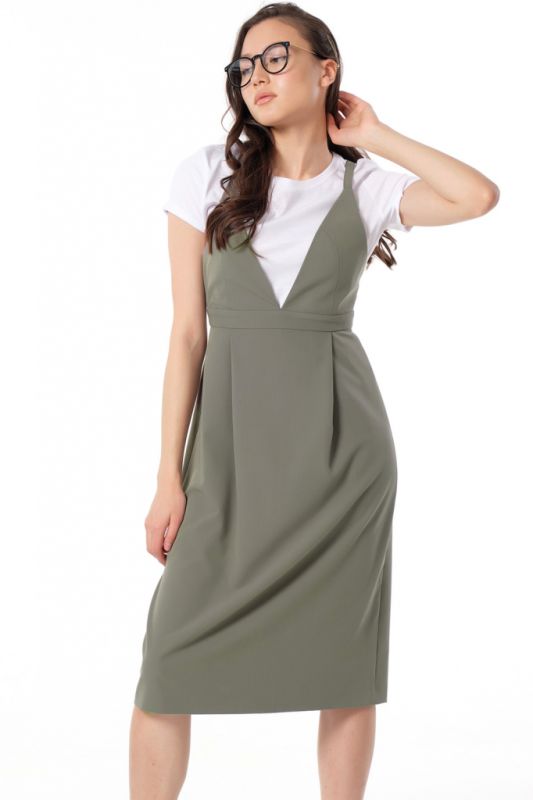 Office midi sundress under khaki blouse