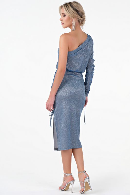 Semi-fitted silhouette dress of knitted fabric with silver-blue spraying