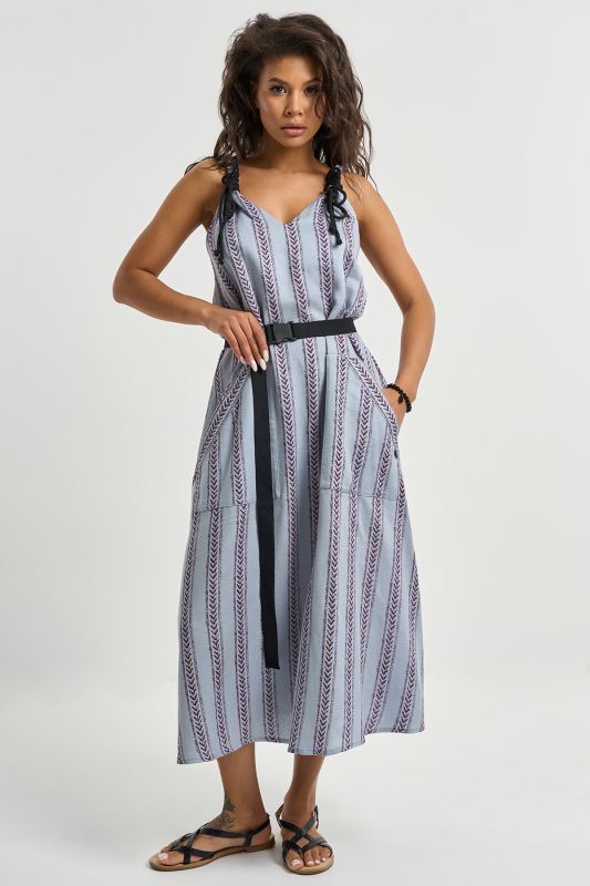 Cotton dress with belt print on gray-blue