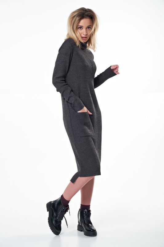 Warm midi dress with high neck dark gray melange