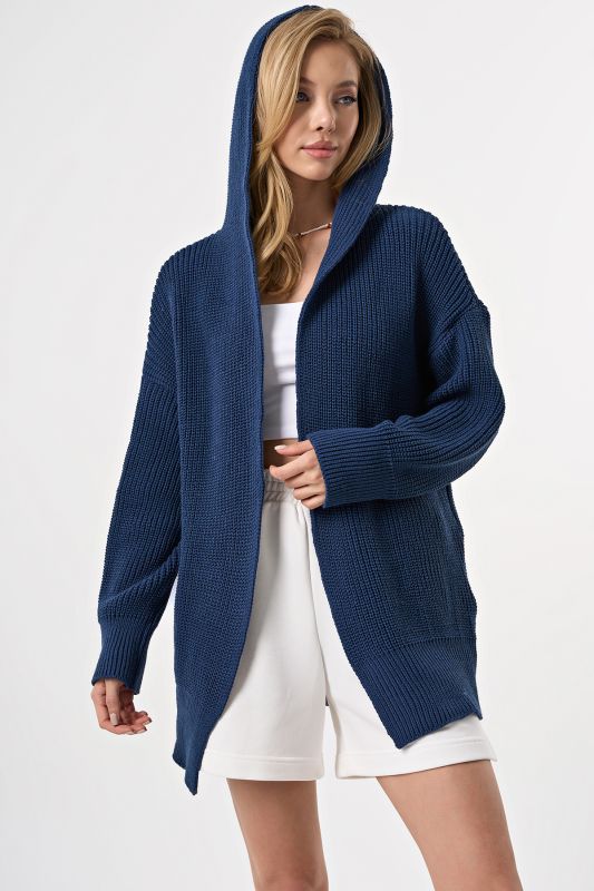 Knitted textured cardigan with hood blue