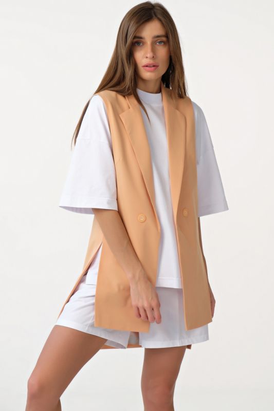 Long straight vest with slits on sides made of suit fabric peach