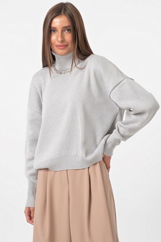 High-necked knitted oversize sweater light gray melange