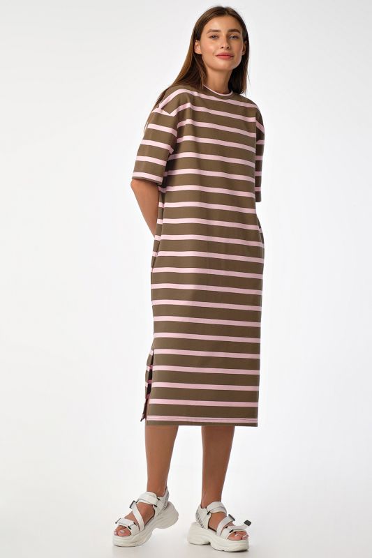 Khaki striped futer fleece straight midi dress