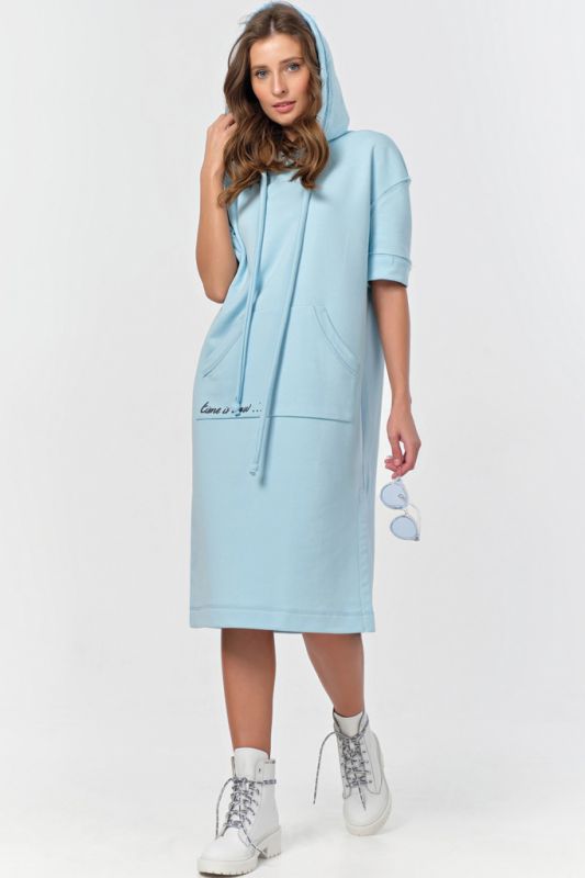 Short Sleeve Hoodie Dress with Fouter Fleece in sky blue