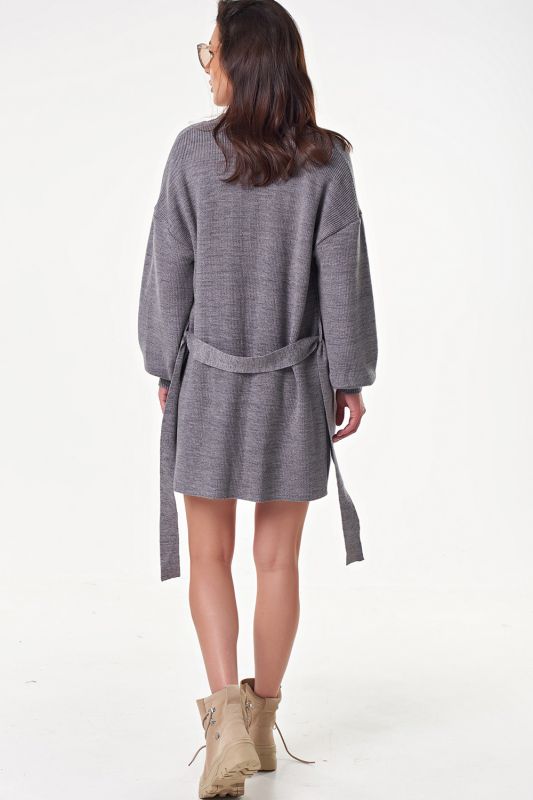 Knitted straight cardigan with belt gray melange