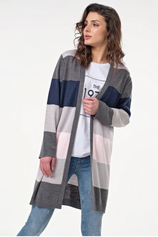 Cardigan knitted long striped cardigan light gray