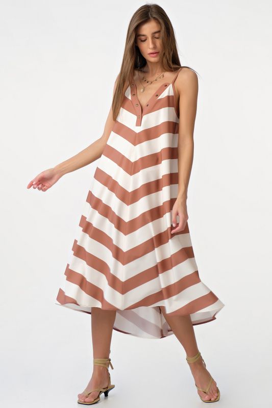 Milk-striped strappy loose midi dress on brick color