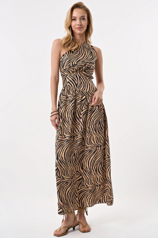 Summer maxi dress with open back made of viscose with animal tiger print