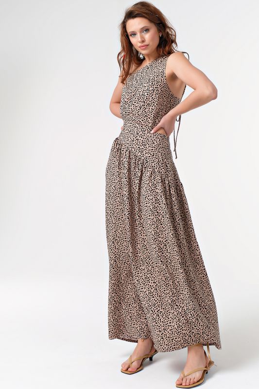 Beige printed viscose summer maxi dress with open back