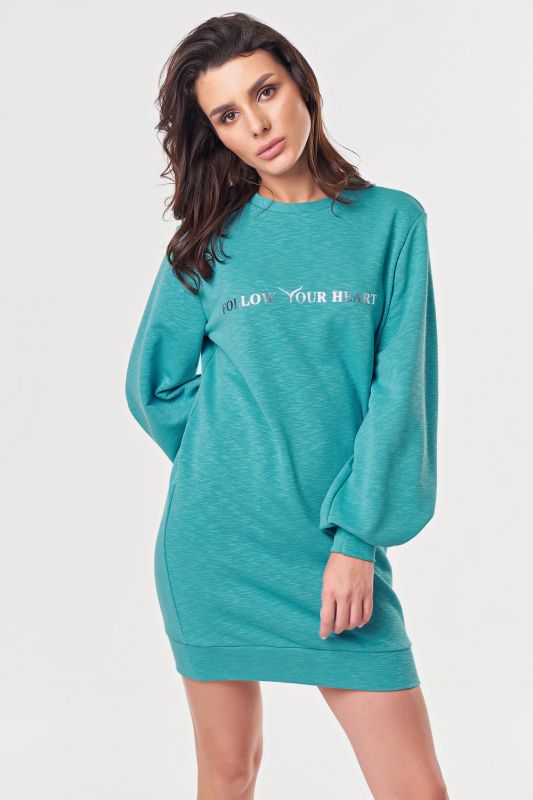 Turquoise long sleeve sweatshirt dress with futer fabric