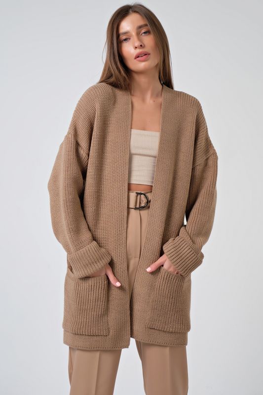 Cardigan knitted long over-size cardigan without clasp beige