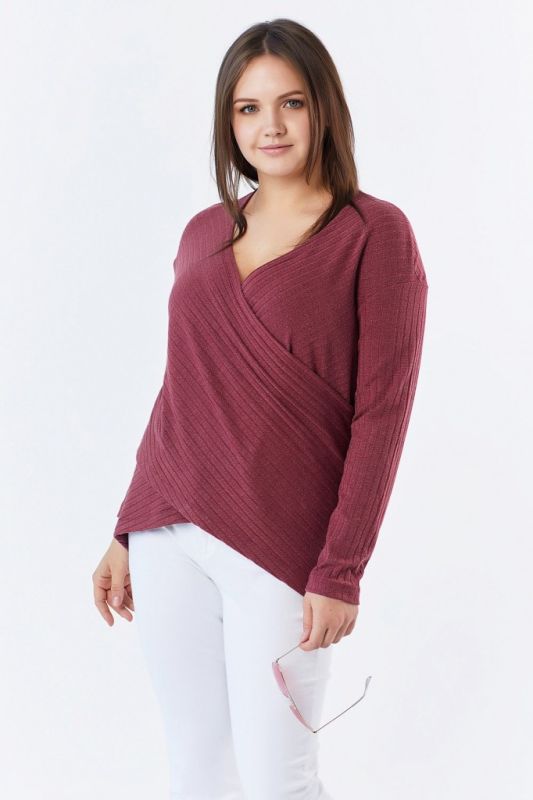 Large size burgundy knitted sweater with flap