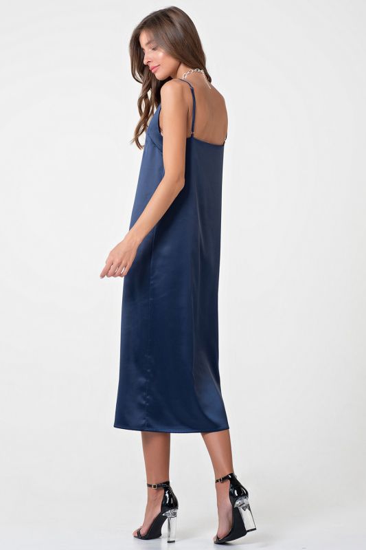 Linen style midi combination dress in navy blue