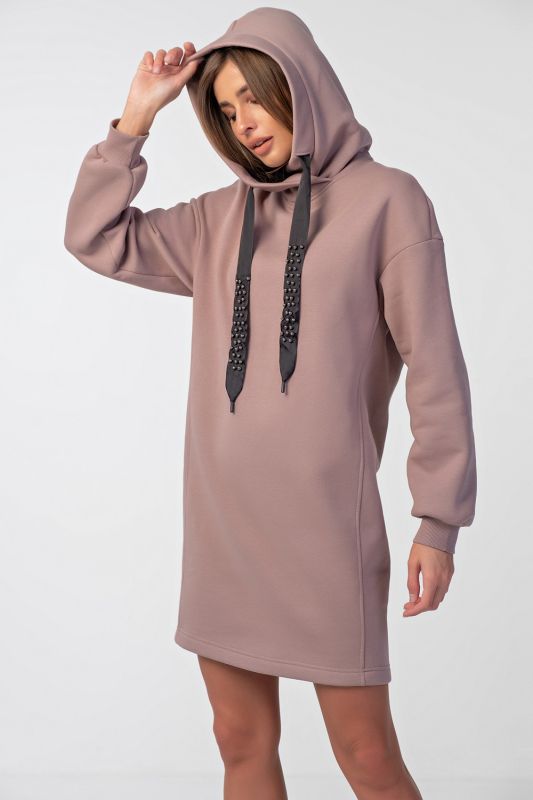 Warm hooded hoodie dress made of futher with fleece, powder color