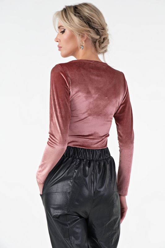 Terracotta long-sleeved cropped velvet top