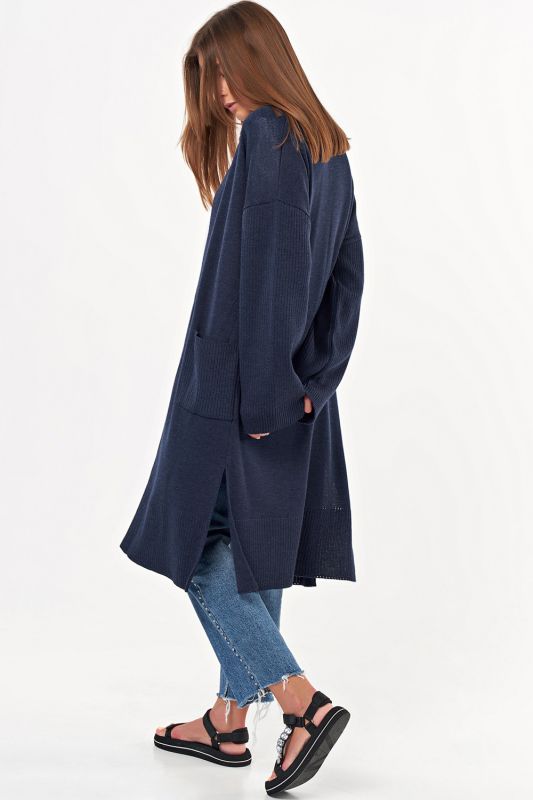 Knitted straight long cardigan with pockets blue