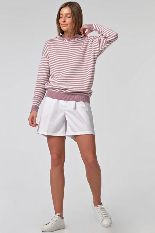 White-pink striped hooded knitted sweater