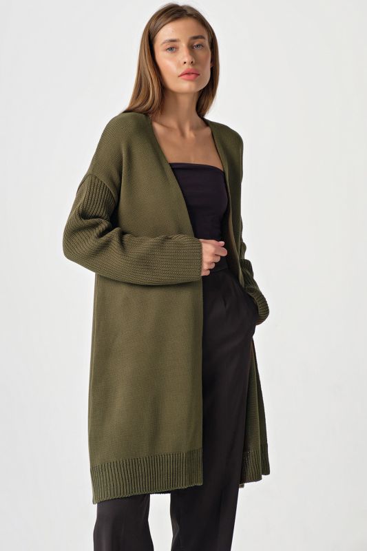 Olive long sleeveless knitted over-size cardigan without button