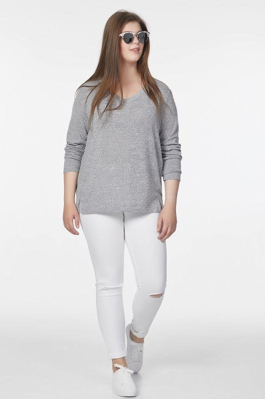 Long Sleeve Sporty knitted blouse in large size gray melange