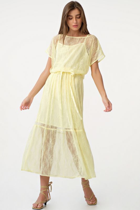 Yellow loose lace midi dress