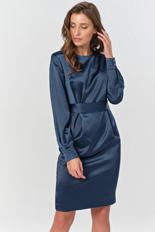 Attached satin dress in navy blue