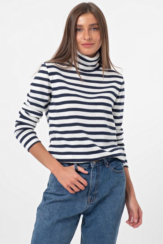 Blue striped high neck knitted sweater