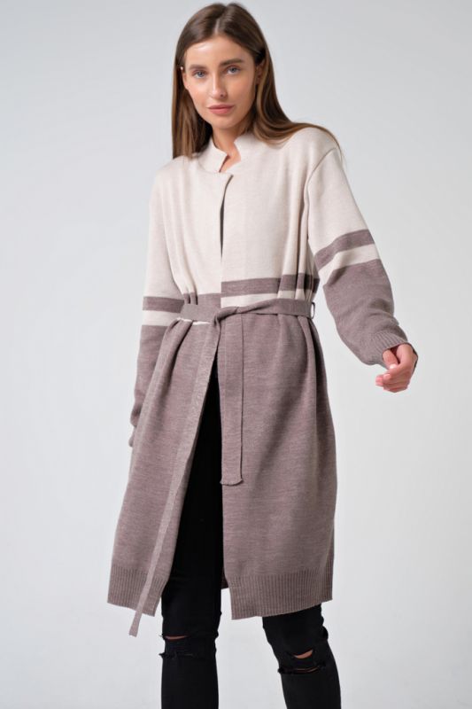 Long knitted cardigan with belt beige