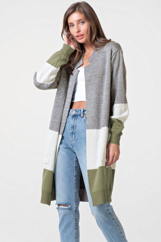 Long striped knitted cardigan in gray-green