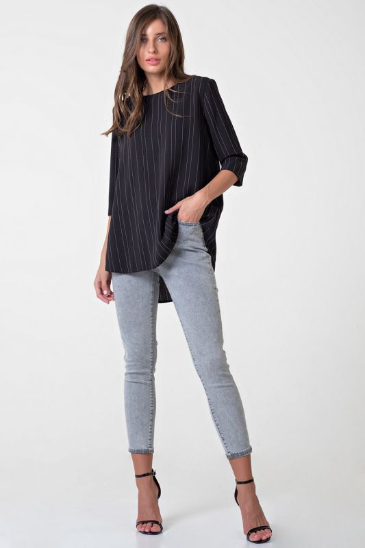 Long asymmetrical striped blouse on black