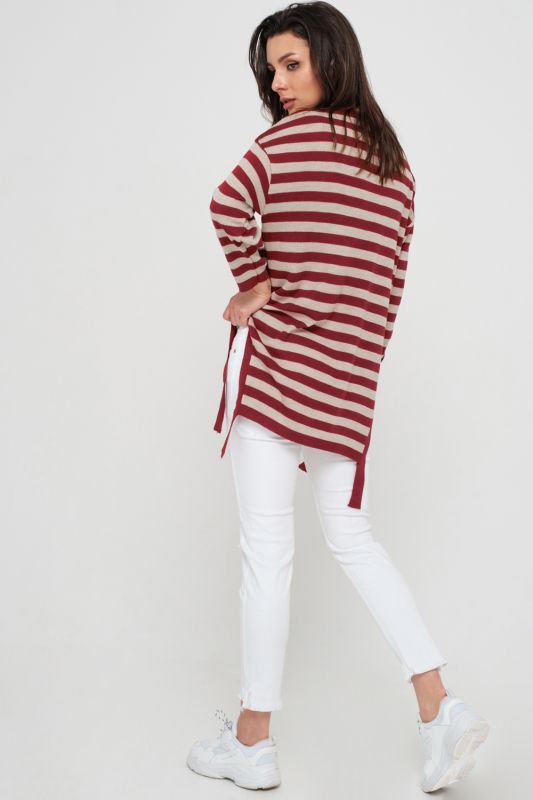 Knitted tunic with v-neck with slits on the sides in stripes on burgundy