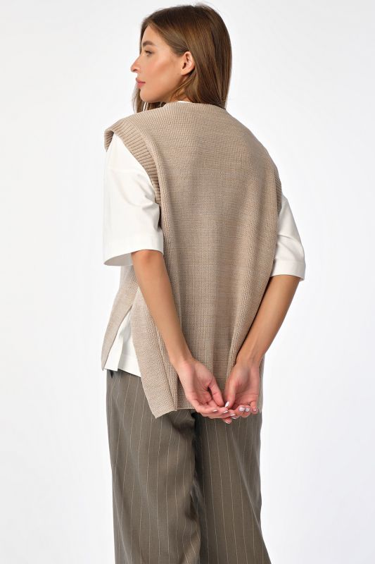 Asymmetrical knitted over-size vest with slits on sides light beige melange