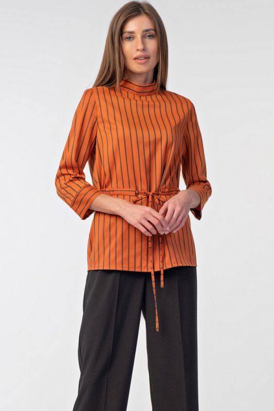 Straight blouse with stand collar with striped collar on orange