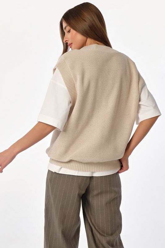 Cotton v-neck knitted over-size vest beige