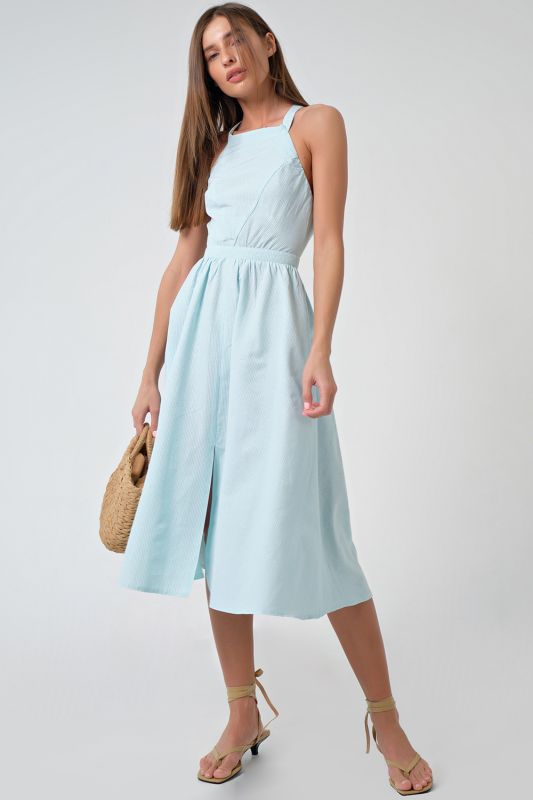 Striped cotton summer midi dress on turquoise