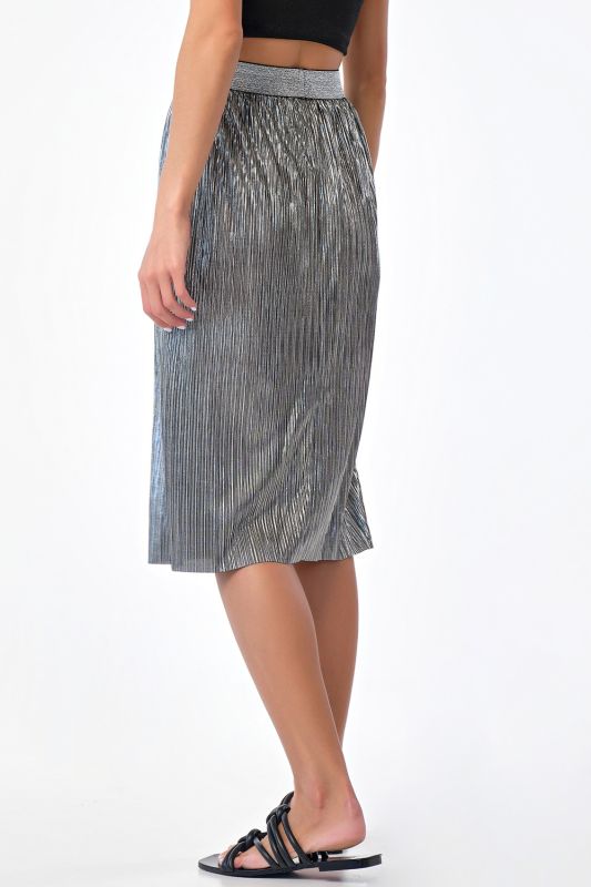 Silver-black shiny knitted midi skirt with elastic band