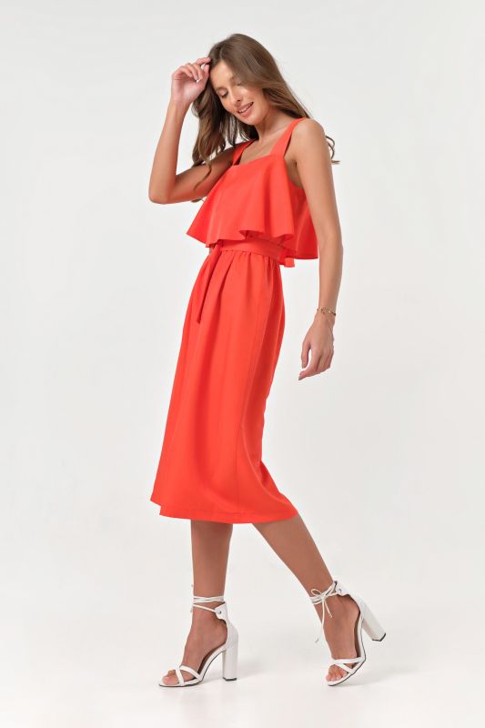 Summer midi dress with flounce on chest scarlet