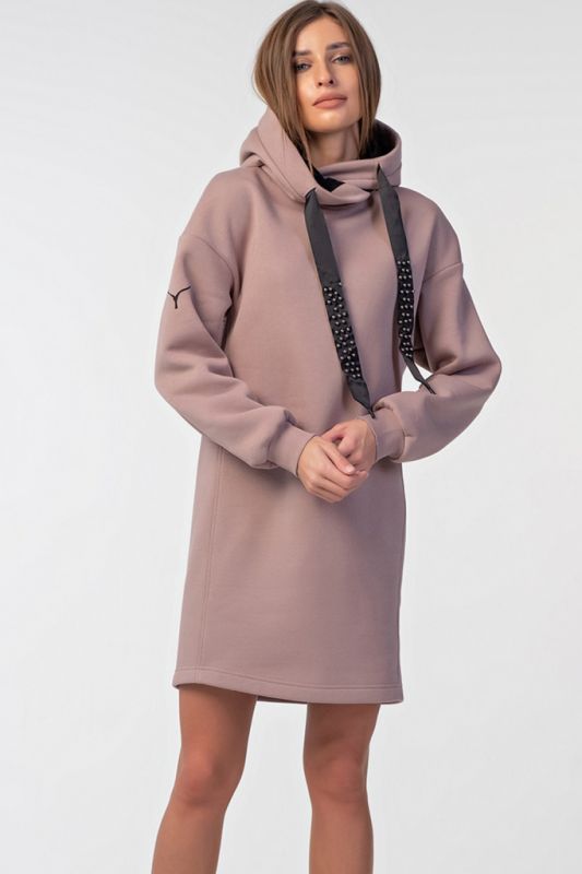 Warm hooded hoodie dress made of futher with fleece, powder color