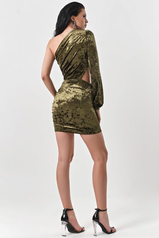 Evening dress with asymmetric neckline short dark green